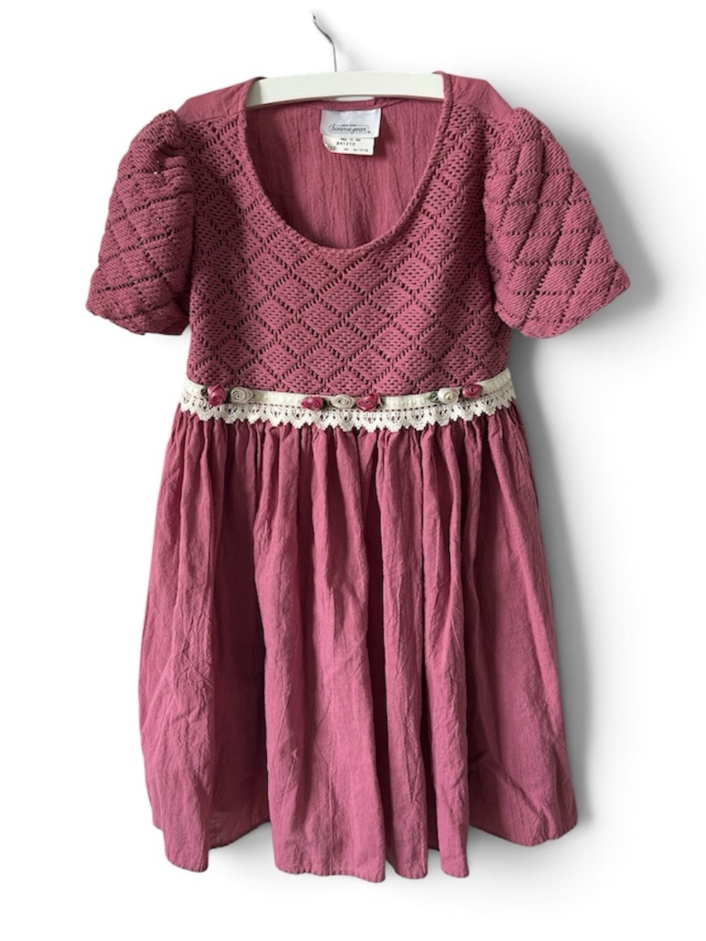 Vintage 80s Bonnie Jean NY Girls' Mauve Crochet Bodice Dress with Lace Trim